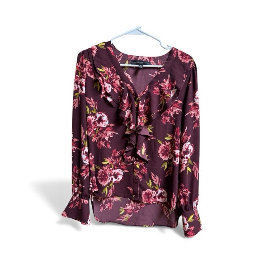 White House Black Market Floral Ruffle Blouse Women’s Size S Burgundy Top